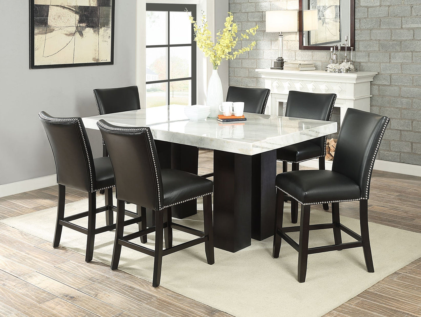 Camila 7 Piece Rectangular White Marble Top Counter Dining Set(Counter Table & 6 Counter Chairs)