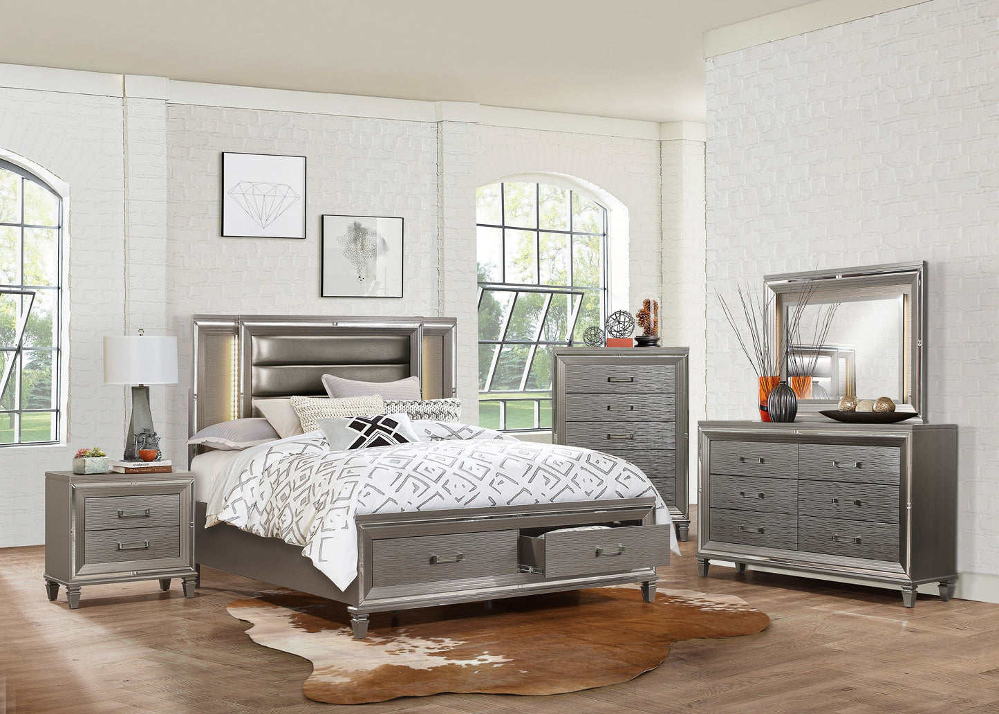 Tamsin Metallic Silver-Gray LED Storage Platform Bedroom Set - Eve Furniture