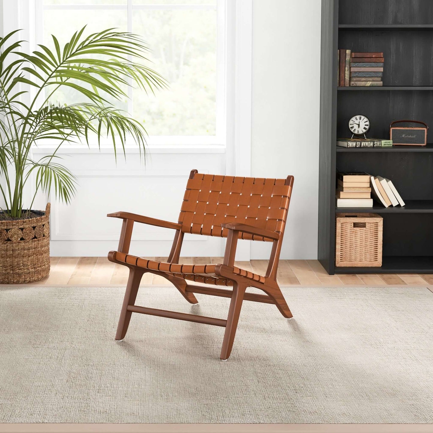 Melody Tan Strap Leather Teak Wood Lounge Chair