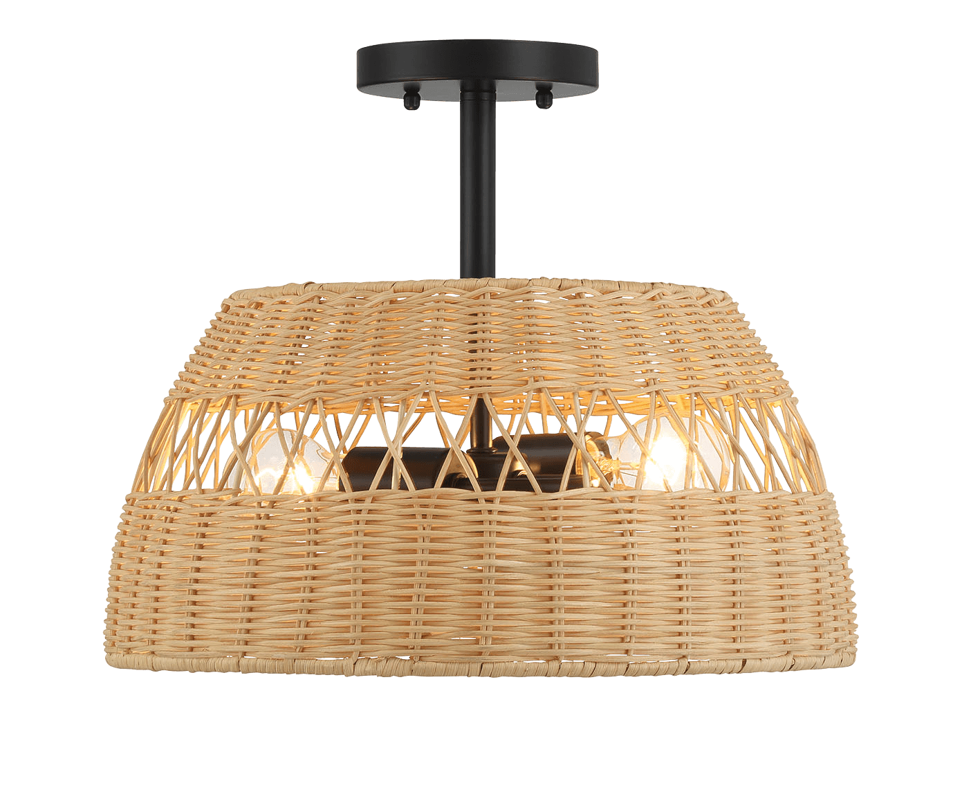 Twinkle Double Lights Semi Flush With Rattan Shade Black Metal Finish for Farmhouse Style