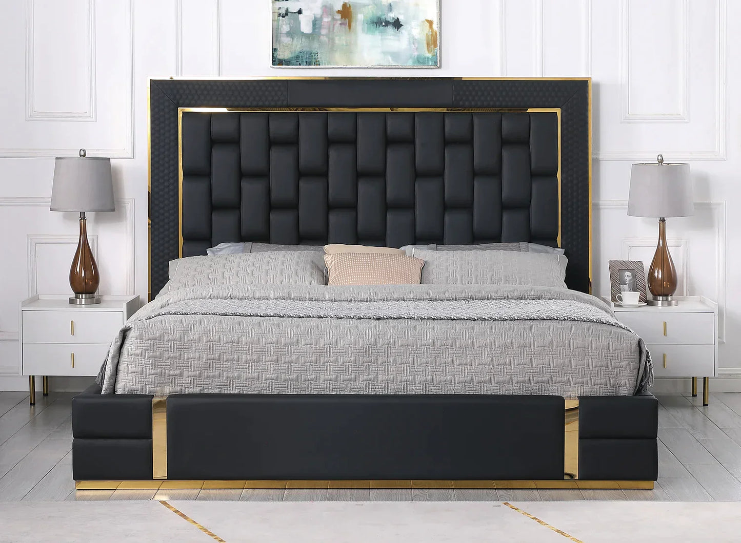 Marbella Black/Gold Leather Queen Storage Platform Bed