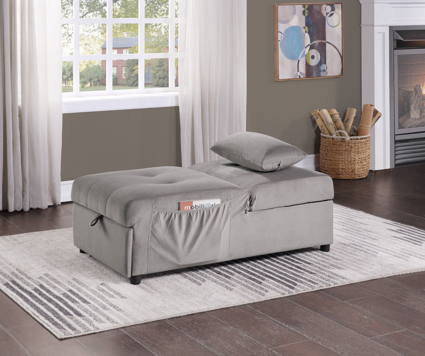Garrell Brownish Gray Velvet Lift Top Storage Bench with Pull-out Bed