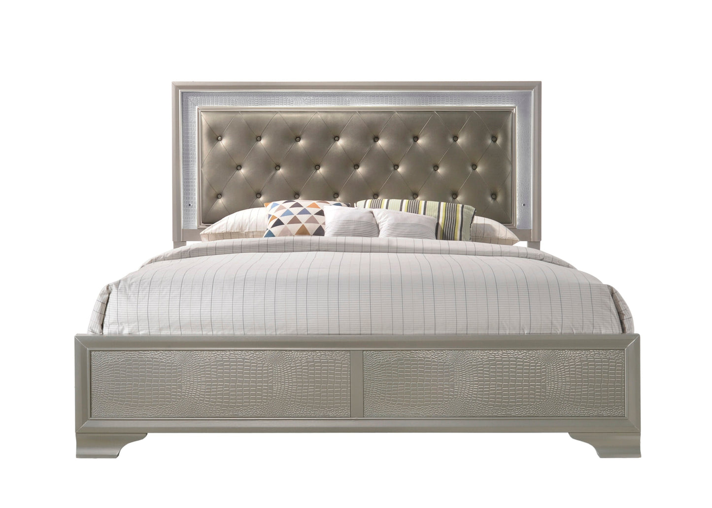 Lyssa Champagne King LED Upholstered Panel Bed