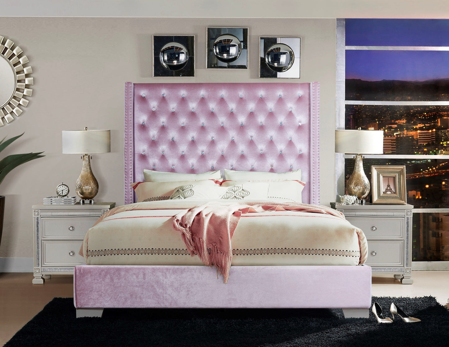 Franco Pink Velvet King Upholstered Bed - Eve Furniture