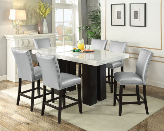 Camila 7 Piece Rectangular White Marble Top Counter Dining Set(Counter Table & 6 Counter Chairs)