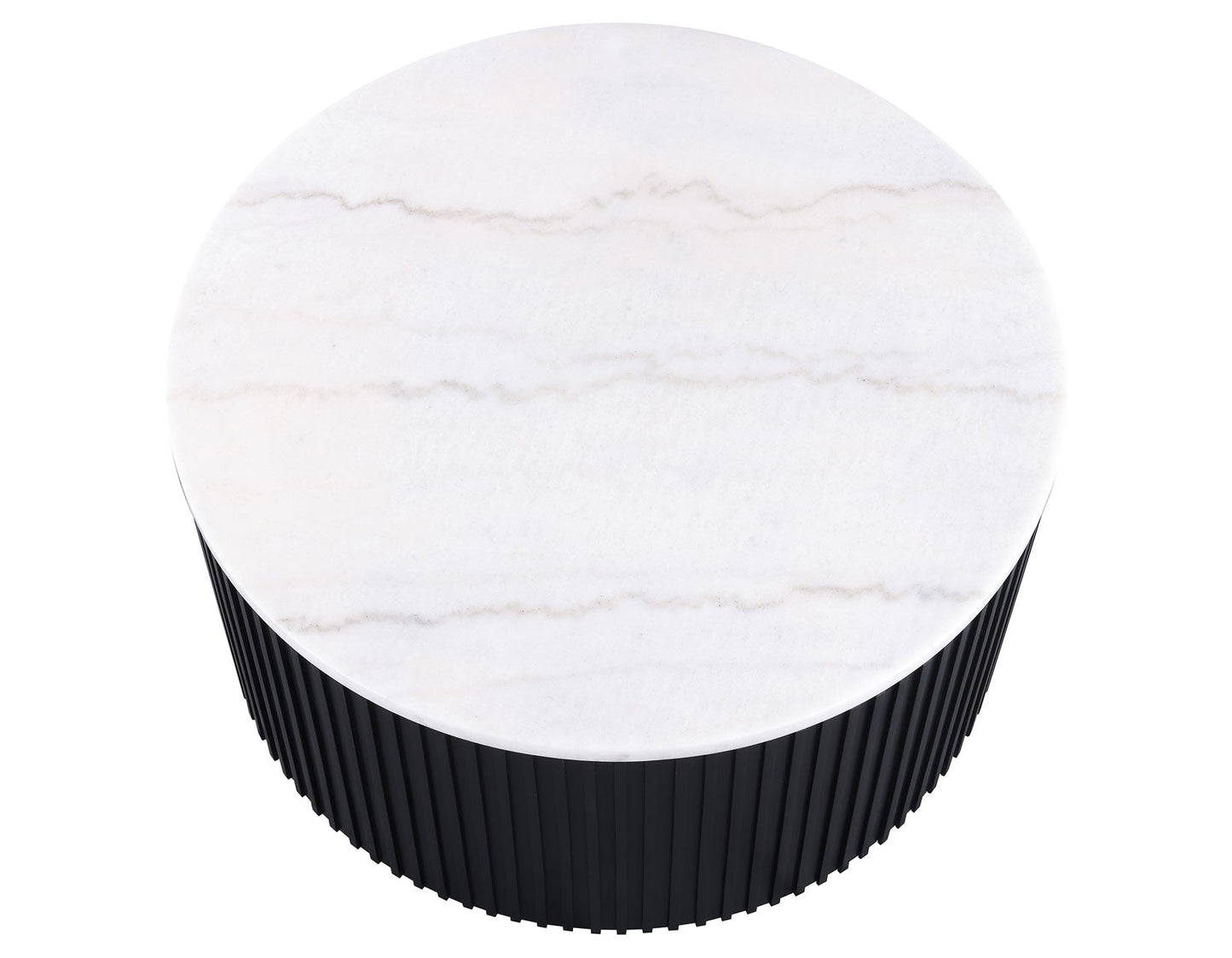 Colvin 36″ Round Castered White Marble Top Coffee Table, Black Finish