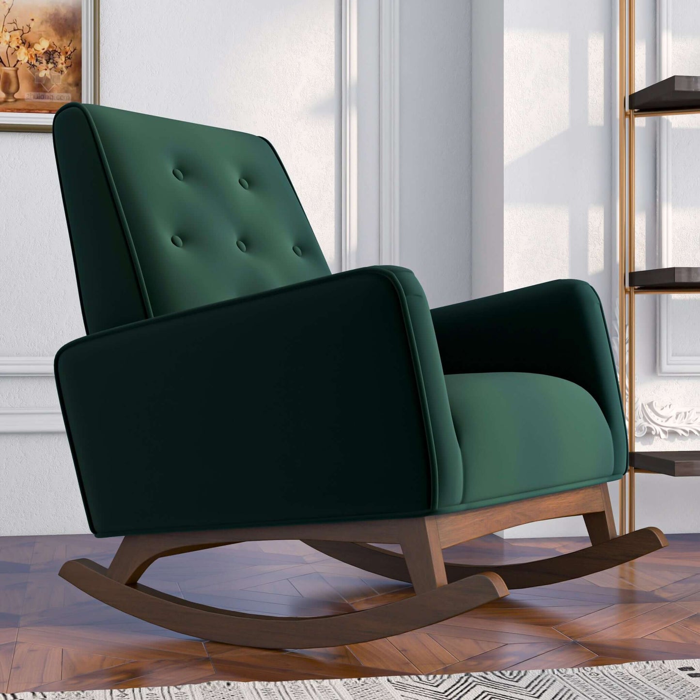 Demetrius Green Velvet Solid Wood Rocking Chair