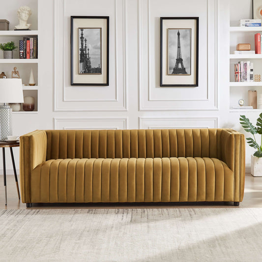 Dominic Channel Tufted Velvet Sofa Dark Yellow Velvet