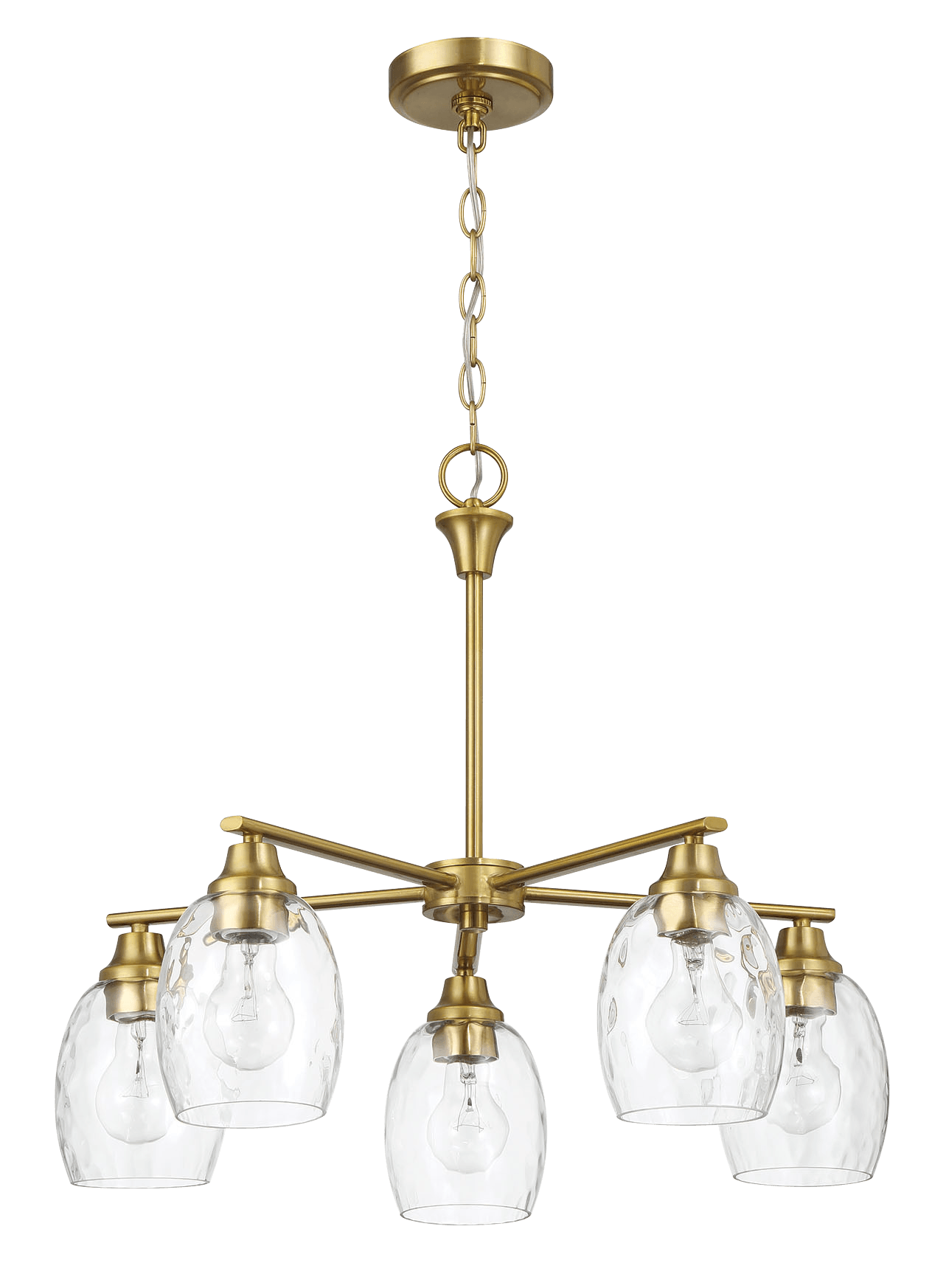 Elegance Five Lights Linear Arms with Golden Brass Finish Chain Chandelier 24"W × 8.5"H with Clear Water Glass