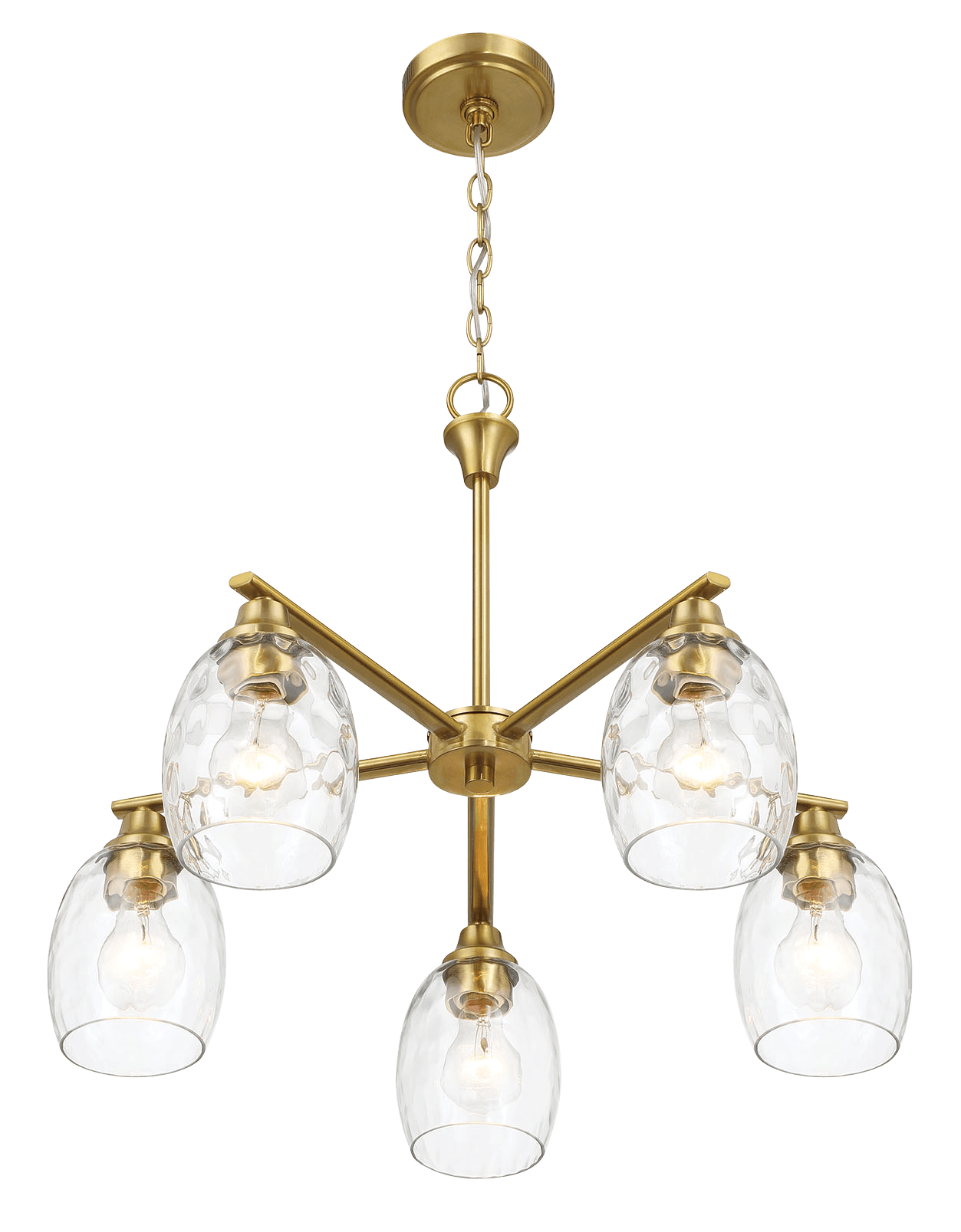 Elegance Five Lights Linear Arms with Golden Brass Finish Chain Chandelier 24"W × 8.5"H with Clear Water Glass