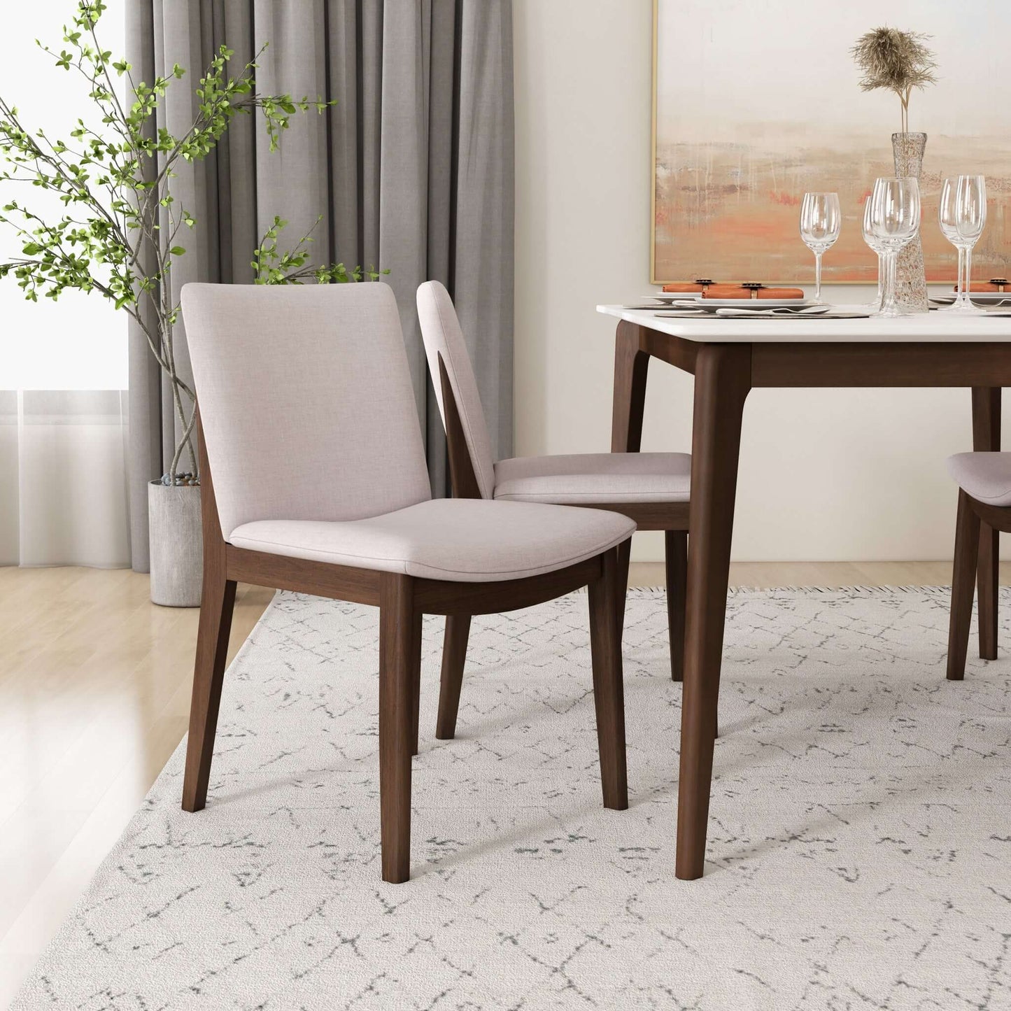 Laura Mid-Century Modern Solid Wood Dining Chair (Set of 2) Cream Linen
