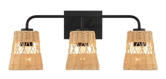 Moonlit Three Lights Wall Sconce With Rattan Shade, Bathroom Lighting Fixtures Over Mirror