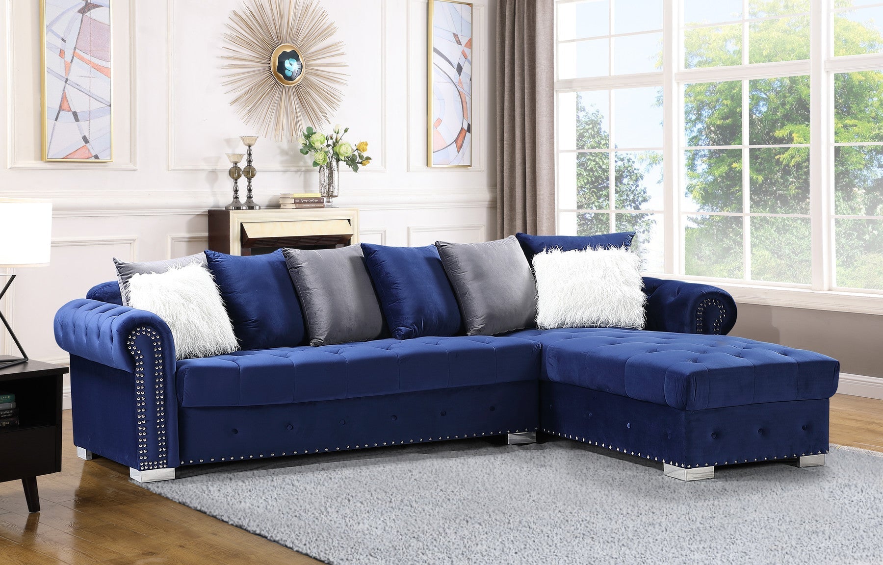 Milan Blue Velvet RAF Sectional - Eve Furniture