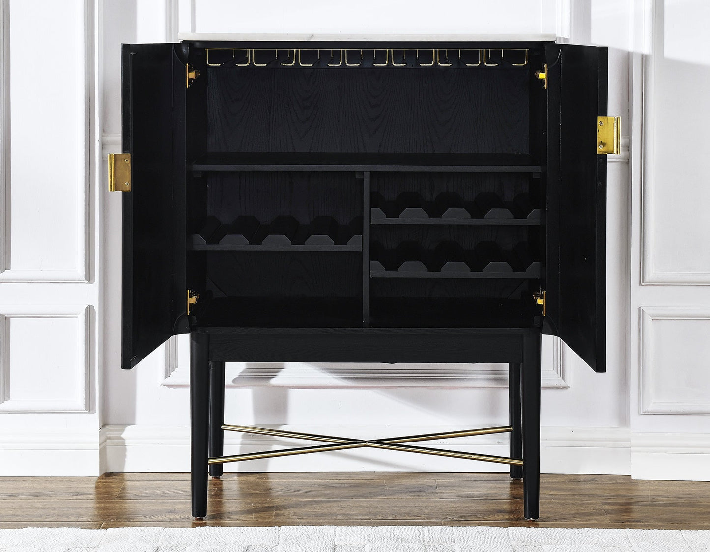 Vida Marble Top WIne Cabinet, Black Finish